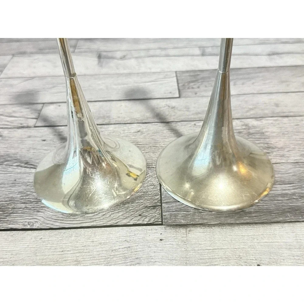Vintage Silver Plated Candlestick Holders Set  2 Mid Century Modern Trumpet 12